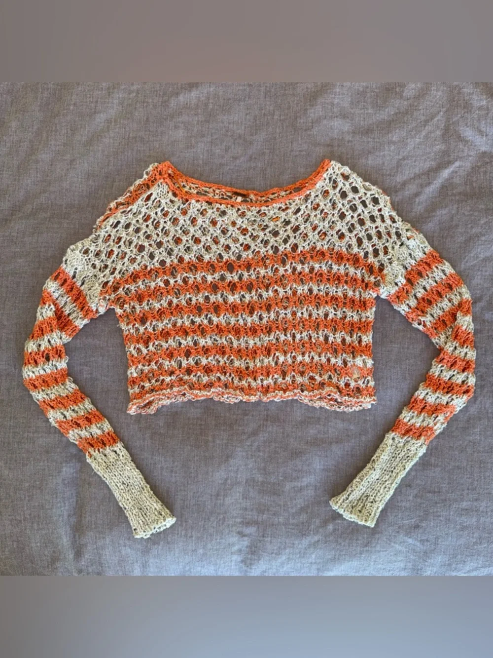 Free People Vintage Crochet Knit Crop Sweater Boho Open Weave Rare XS